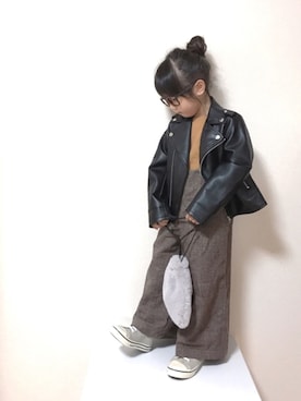 「BRANSHES（ブランシェス）のアイテム（ライダースジャケット）」を使った、𝚏𝚞𝚞*さん（キッズ・100cm）の冬コーディネート