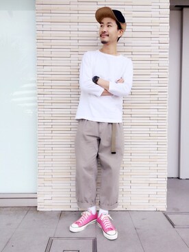 「SON OF THE CHEESE（サノバチーズ）のアイテム（帽子）」を使った、ハタノさん（メンズ・170cm）の春コーディネート