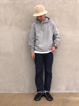 「SON OF THE CHEESE（サノバチーズ）のアイテム（帽子）」を使った、ハタノさん（メンズ・170cm）の秋コーディネート