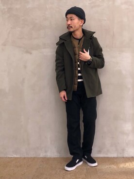 「TAION（タイオン）のアイテム（ステンカラーコート）」を使った、ハタノさん（メンズ・170cm）の秋コーディネート