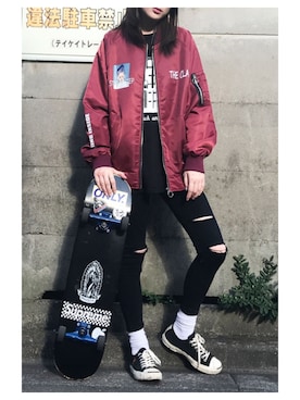 「ワインレッド」｜「アイテム（MA-1）」を使った、for2meさん（レディース・168cm）の秋コーディネート