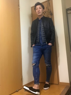 「大人シンプル」｜「アイテム（ライダースジャケット）」を使った、chi♡さん（メンズ・178cm）の冬コーディネート