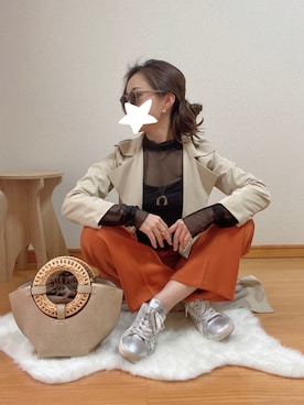 「PUBLIC TOKYO（パブリックトウキョウ）のブロッキングメローカットソー（Tシャツ/カットソー、ブラック系）」を使った、namikya🦋さん（レディース・159cm）の春コーディネート