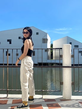 「アイテム（チューブトップ）」を使った、Hanさん（レディース・161cm）の夏コーディネート