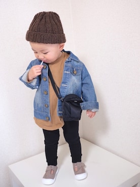 「petit main（プティマイン）のアイテム（デニムジャケット）」を使った、m & s & nさん（キッズ・90cm）の春コーディネート