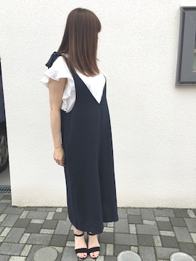 「ネイビー×ホワイト」｜「アイテム（サロペット/オーバーオール）」を使った、yuyuさん（レディース・157cm）の夏コーディネート