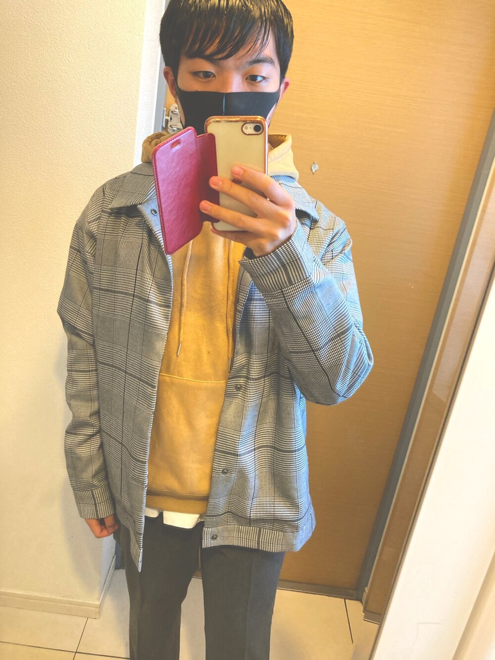 「AZUL by moussyのGLENCHECK COACH JACKET/グレンチェックコーチジャケット（テーラードジャケット、グレー系）」を使った、かなたさん（メンズ・163cm）の冬コーディネートの1枚目の写真