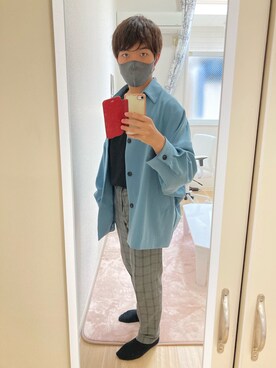 「HARE（ハレ）のドルマンステンカラーブルゾン(HARE)（ブルゾン、ブルー系）」を使った、かなたさん（メンズ・163cm）の春コーディネート