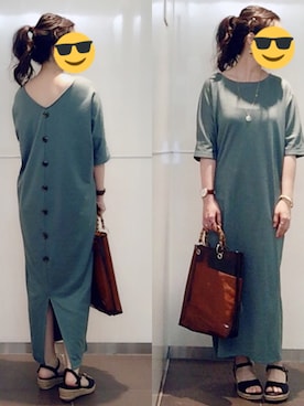 「KOBE LETTUCE（コウベレタス）のバックボタンルーズマキシワンピース（ワンピース、グリーン系）」を使った、まるまる▷推しのために生きるさん（レディース・155cm）の夏コーディネート