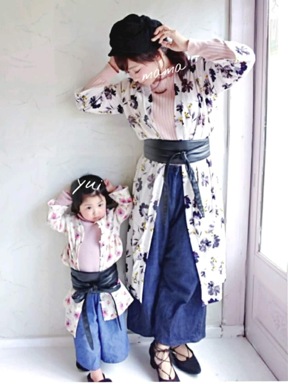 「休日スタイル、GU、花柄ｶﾞｳﾝ、親子リンクコーデ、親子コーデ、おそろいコーデ、はるコーデ、springstlye、ootd、ママコーデ」｜「GUのアイテム（チュニック、ピンク系）」を使った、kaorumamaさん（キッズ・100cm）の春コーディネートの1枚目の写真
