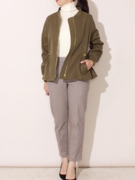 「LAVEANGE（ラビアンジェ）のドローストリングノーカラーショートコート【大きいサイズ対応】（その他アウター、グリーン系）」を使った、TOBIさん（レディース・163cm）の冬コーディネート