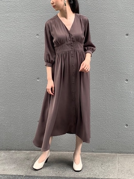 「LAVEANGE（ラビアンジェ）のウエスト切替ギャザーロングワンピース 【大きいサイズ対応】（ワンピース、ブラウン系）」を使った、TOBIさん（レディース・163cm）の夏コーディネート