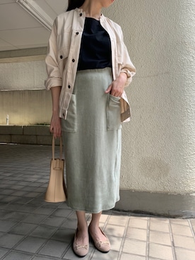 「LAVEANGE（ラビアンジェ）の〈2020AW〉ノーカラーチノオーバーサイズブルゾン【大きいサイズ対応】（ブルゾン、ホワイト系）」を使った、TOBIさん（レディース・163cm）の夏コーディネート