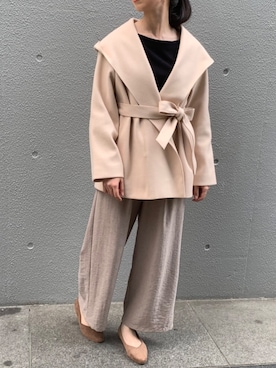 「LAVEANGE（ラビアンジェ）のベルト付きジャージメルトンショートフードコート（その他アウター、ベージュ系）」を使った、TOBIさん（レディース・163cm）の秋コーディネート