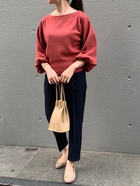 「LAVEANGE（ラビアンジェ）のボリュームスリーブ総針ニットプルオーバー【大きいサイズ対応】（ニット/セーター、オレンジ系）」を使った、TOBIさん（レディース・163cm）の秋コーディネート