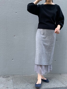 「LAVEANGE（ラビアンジェ）のボリュームスリーブ総針ニットプルオーバー【大きいサイズ対応】（ニット/セーター、ブラック系）」を使った、TOBIさん（レディース・163cm）の秋コーディネート