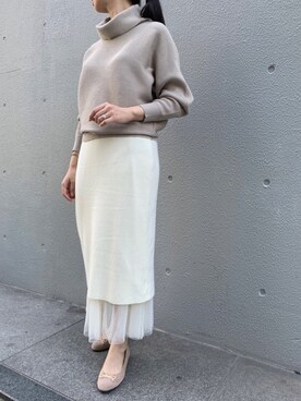 「LAVEANGE（ラビアンジェ）の〈2020AW〉リブ編みタートルプルオーバーニット（ニット/セーター、ベージュ系）」を使った、TOBIさん（レディース・163cm）の秋コーディネート