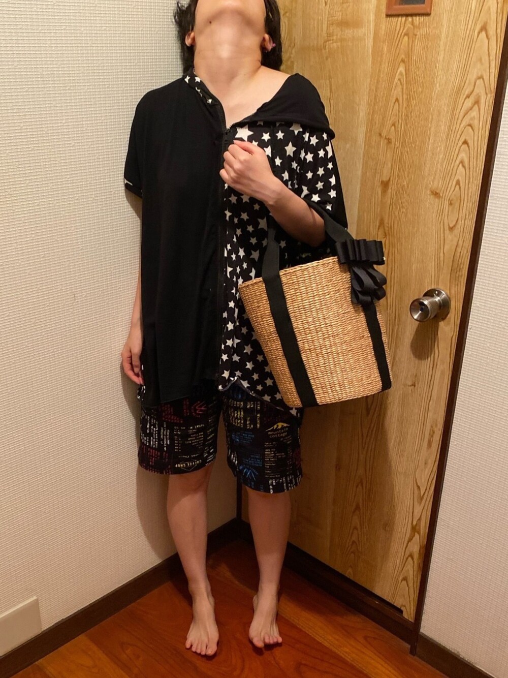 「あたらしいやーつ、事務の人の休日、梅雨(天パ強め)、7月っ、夏コーデ」｜「Maeda Hirokoのアイテム（かごバッグ、ベージュ系）」を使った、🐸🐸たつきてぃー🧸さん（レディース・161cm）の夏コーディネートの1枚目の写真