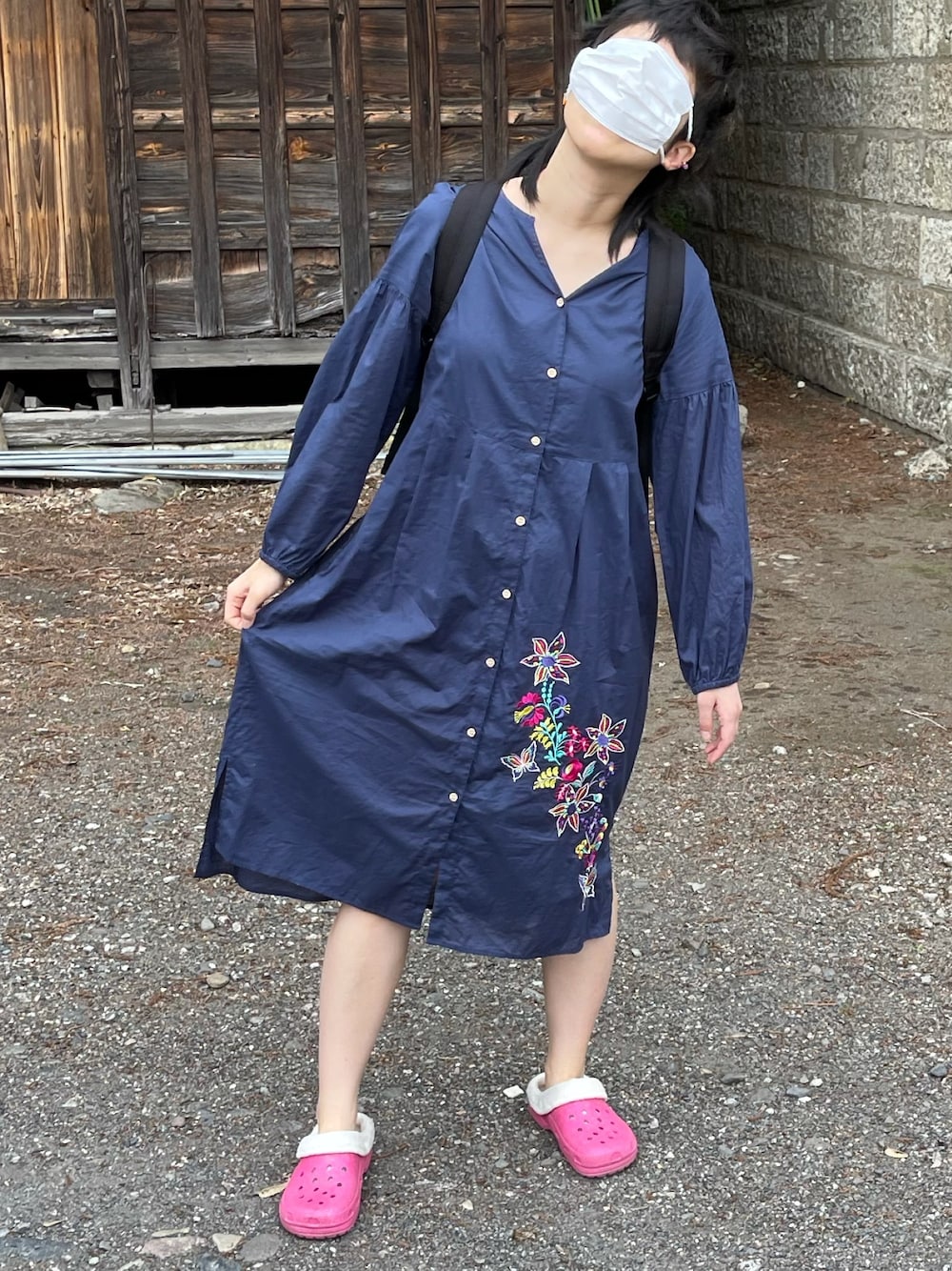 「事務の人の休日、花柄ワンピース、ラッキーカラーはショッキングピンク、ごがつっ、15日っ、土曜日のたつきてぃー、れんきゅー」｜「ScoLarのアイテム（ワンピース、ブルー系）」を使った、🐸🐸たつきてぃー🧸さん（レディース・163cm）の春コーディネートの1枚目の写真
