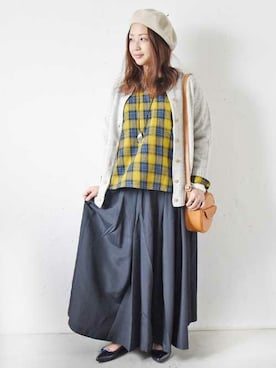 「カーディガンコーデ」｜「アイテム（ハンチング/ベレー帽）」を使った、staff-Uさん（レディース・152cm）の秋コーディネート