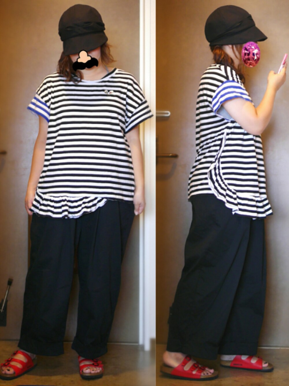 レッド系のサンダル、ブラック系のチノパンツ、ブラック系のTシャツ/カットソーを着用したレディースの夏コーディネートの1枚目の写真