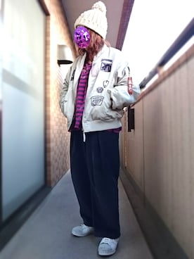 「CUBE SUGAR（キューブシュガー）のアイテム（MA-1）」を使った、ぴよりあさん（レディース・155cm）の冬コーディネート