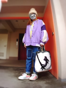 「H&M（エイチ・アンド・エム）のアイテム（スタジャン）」を使った、ぴよりあさん（レディース・155cm）の秋コーディネート