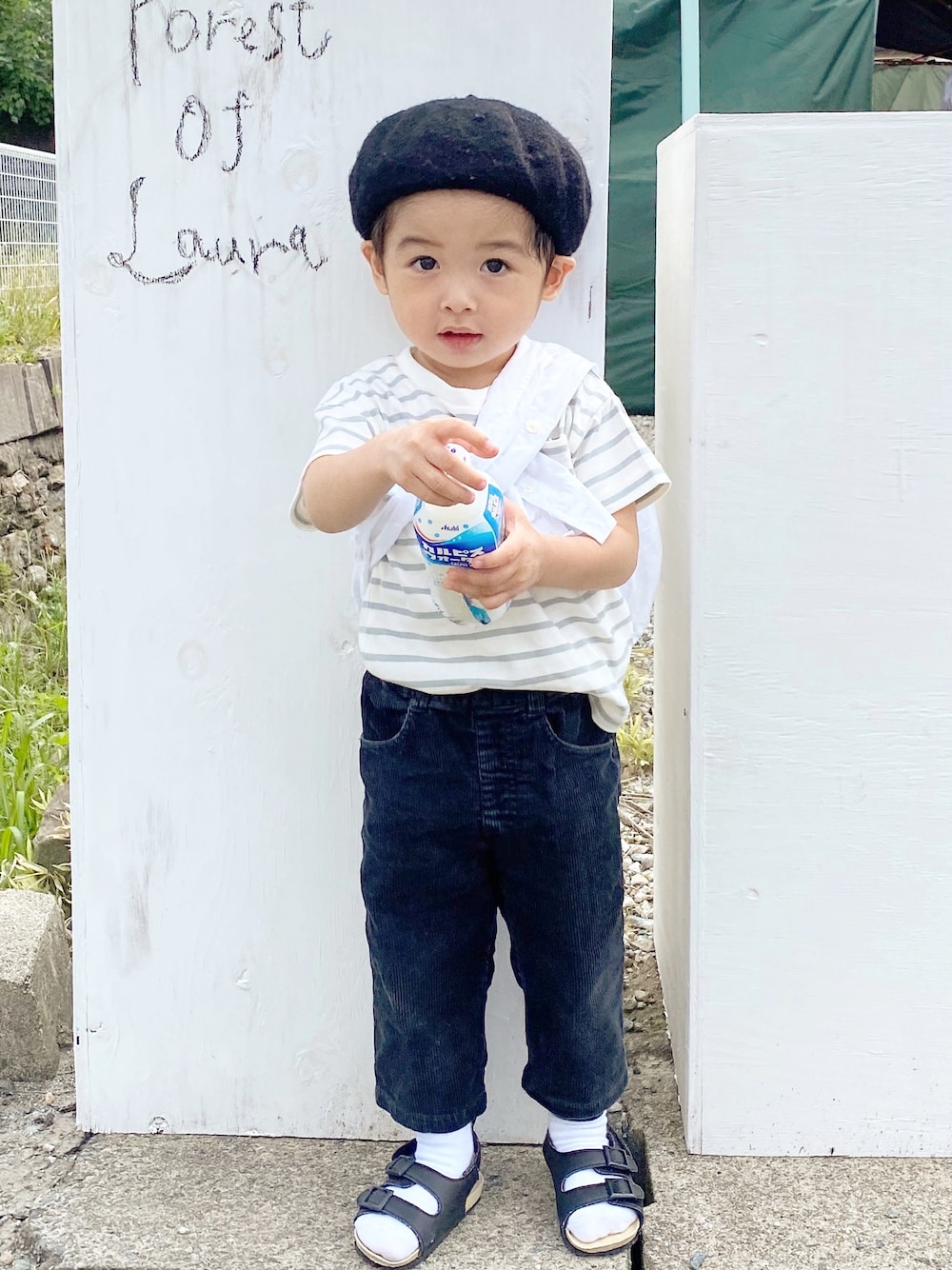 「男の子コーデ、男の子ママ、息子コーデ、２歳児、ベレー帽、Gap公式親子モデル」｜「BREEZEのベーシックベレー帽（ハンチング/ベレー帽、ブラック系）」を使った、toamamaさん（キッズ・90cm）の秋コーディネートの1枚目の写真