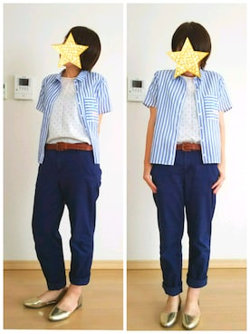 「H&M（エイチ・アンド・エム）のアイテム（シャツ/ブラウス、ブルー系）」を使った、yoseryoさん（レディース・153cm）の夏コーディネート