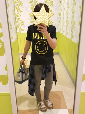 「GU（ジーユー）のアイテム（Tシャツ/カットソー、ブラック系）」を使った、yoseryoさん（レディース・153cm）の夏コーディネート