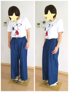 「UNIQLO（ユニクロ）のカウズ×ピーナッツグラフィックT（半袖）（Tシャツ/カットソー、ホワイト系）」を使った、yoseryoさん（レディース・153cm）の夏コーディネート