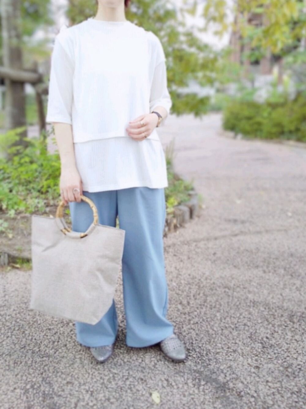 「休日コーデ、シンプルコーデ、春夏コーデ、いいね、save、フォローお願いします🤑、レイヤードスタイル、カラーパンツ、Green Parks、earth music&ecology、オトナカジュアル、プチプラ」｜「RAY CASSIN FAVORIの・【RAY CASSIN】 レイヤードリブプルオーバー＊（Tシャツ/カットソー、ホワイト系）」を使った、yukiさん（レディース・153cm）の春コーディネートの1枚目の写真