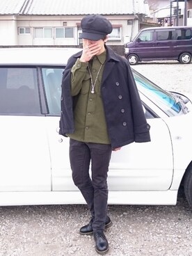 「no brand（ノーブランド）のアイテム（ピーコート）」を使った、おざさん（メンズ・177cm）の冬コーディネート
