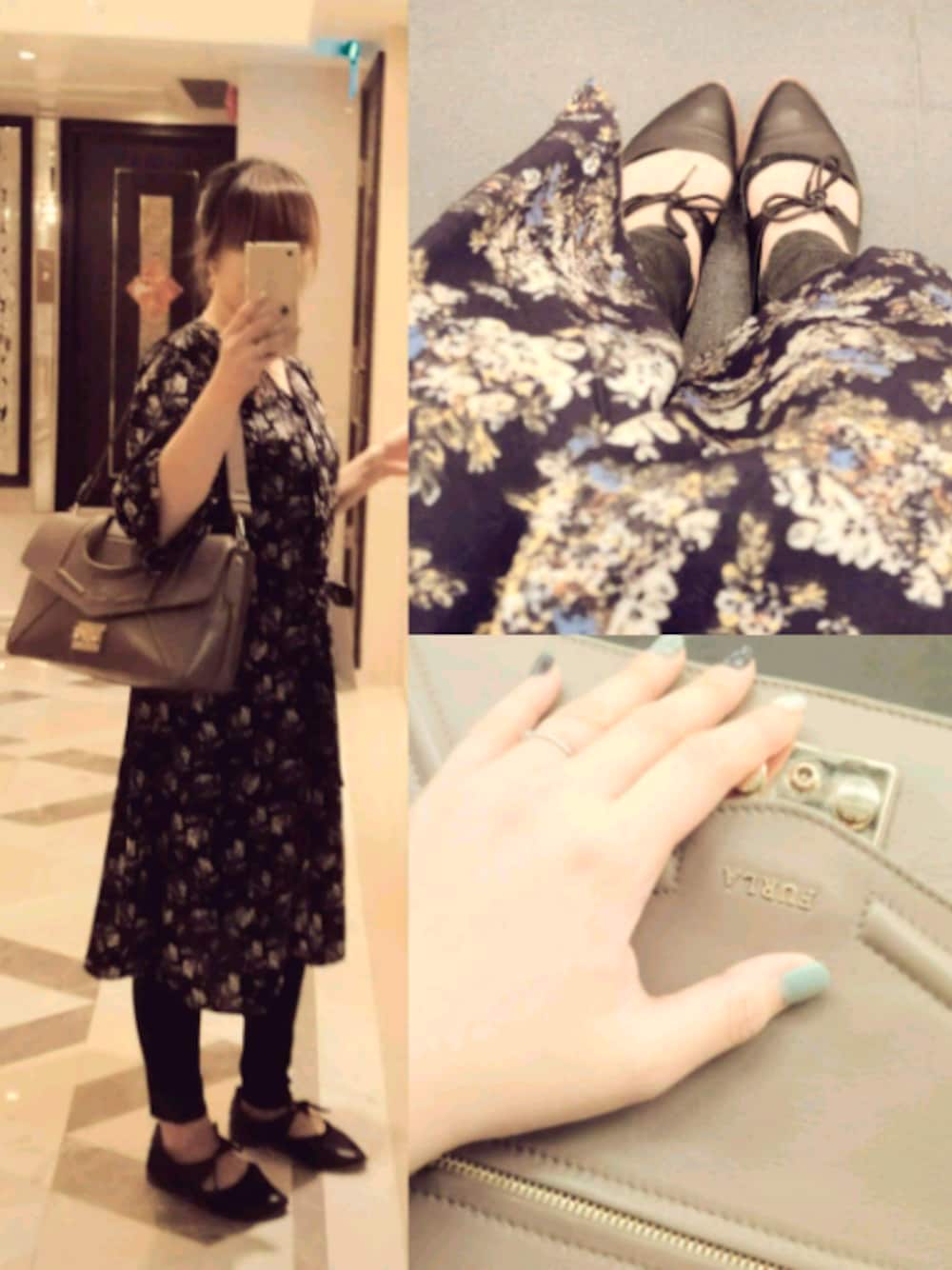 「GU、furla、ワンピース、花柄ワンピース、ロングワンピース、花柄ｶﾞｳﾝ」｜「GUのアイテム（ワンピース、ブルー系）」を使った、𝓈𝒽𝒶𝓃𝒾𝒸𝑒さん（レディース・165cm）の秋コーディネートの1枚目の写真