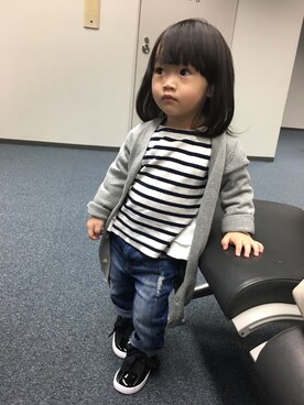 「petit main（プティマイン）のベーシックロングカーディガン（カーディガン/ボレロ、ホワイト系）」を使った、Aliceさん（キッズ）の夏コーディネート