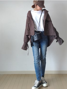 「Tシャツ×デニム」｜「アイテム（トレンチコート）」を使った、akoさん（レディース・155cm）の秋コーディネート