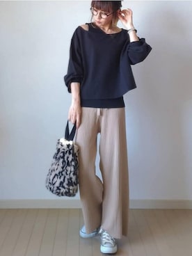 「minia（ミニア）のリバーシブル巾着バッグ（トートバッグ）」を使った、akoさん（レディース・155cm）の秋コーディネート