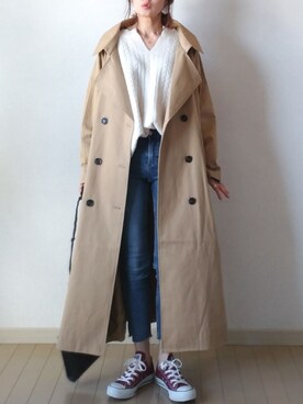 「ケーブルニット」｜「アイテム（トレンチコート）」を使った、akoさん（レディース・155cm）の秋コーディネート