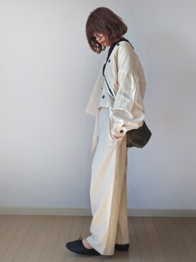 「ラップパンツ」｜「アイテム（ノーカラージャケット）」を使った、akoさん（レディース・155cm）の冬コーディネート