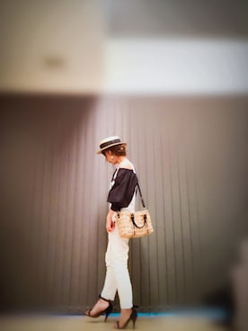 「niko and...（ニコアンド）のオリジナル ミニラインテープカゴバッグ【niko and...】（かごバッグ）」を使った、キャサさん（レディース・158cm）の夏コーディネート