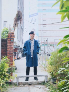 「plain-me（プレインミー）のアイテム（ピーコート）」を使った、Darren huangさん（メンズ・178cm）の秋コーディネート
