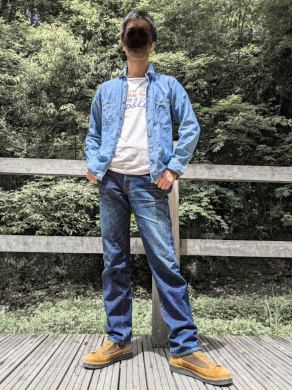 「リーバイス501、リーバイス、ヴィンテージ、ビッグE、シャンブレーシャツ、アメカジ、ダナー、アウトドアスタイル、501」｜「orSlowのアイテム（シャツ/ブラウス、ブルー系）」を使った、Polarisさん（メンズ・176cm）の春コーディネートの1枚目の写真