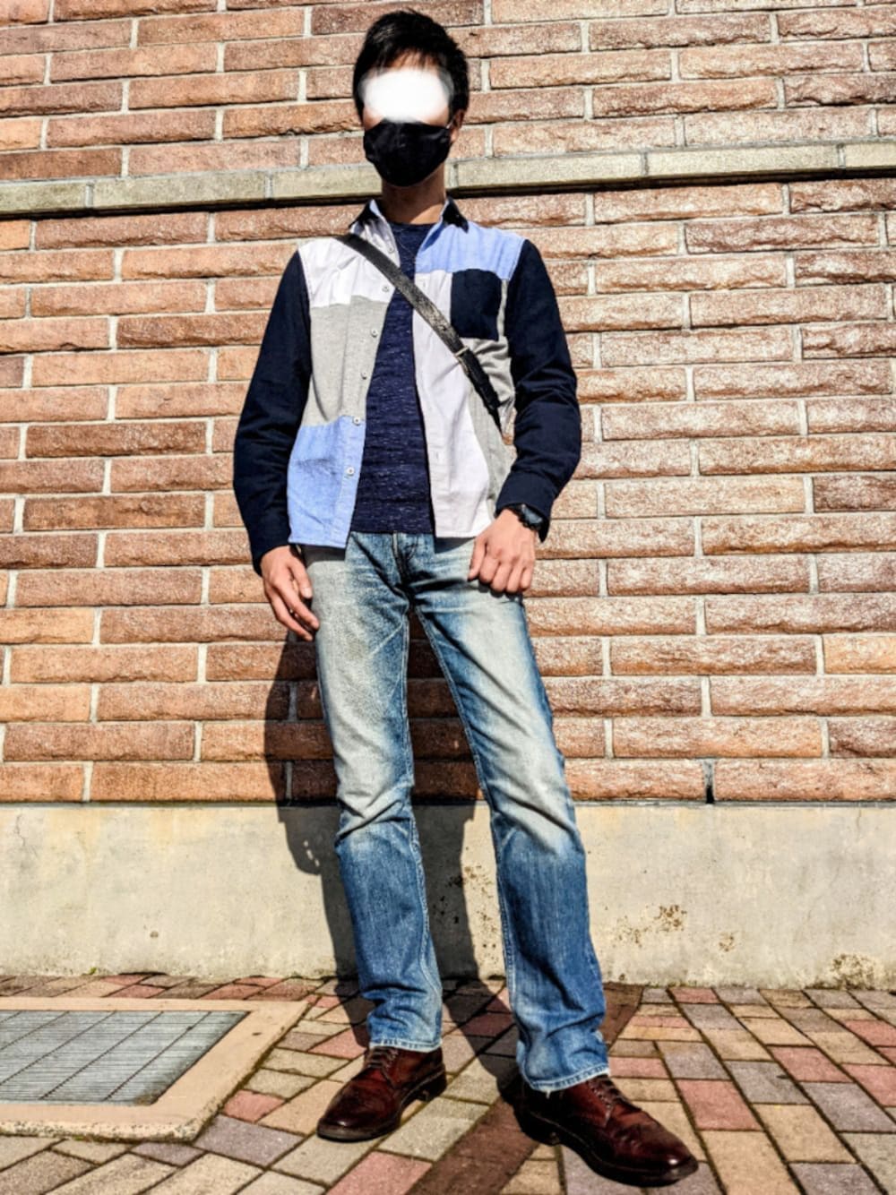 「オールデン、ALDEN、クレイジーパターン、クレイジーシャツ、春夏コーデ、プチプラ」｜「FOB FACTORYのアイテム（デニムパンツ、ブルー系）」を使った、Polarisさん（メンズ・176cm）の春コーディネートの1枚目の写真