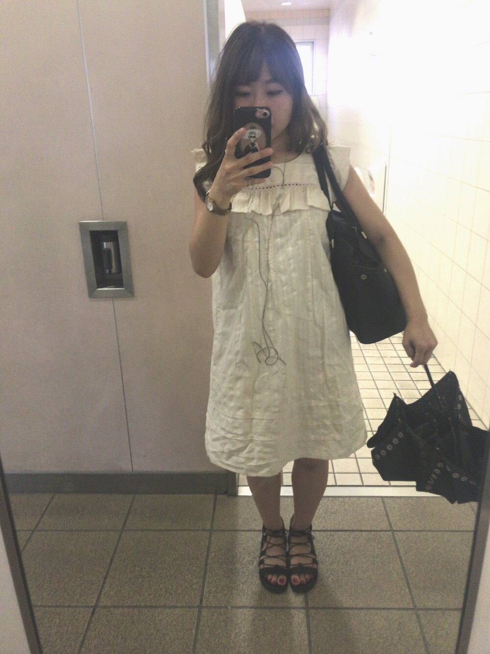 「秋服準備はじめました、と、いいながらがっつり夏コーデ、低身長、低身長コーデ、チビーズ✳︎」｜「URBAN RESEARCHのアイテム（サンダル、ブラック系）」を使った、エイミーさん（レディース・148cm）の秋コーディネートの1枚目の写真