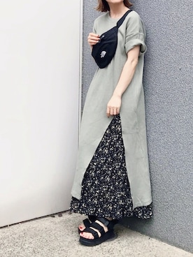 「LIPSTAR（リップスター）のバックベルトワッフルスリット半袖ワンピース（ワンピース）」を使った、SIZUさん（レディース・156cm）の春コーディネート