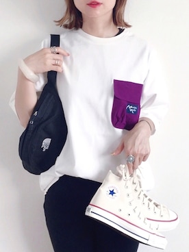 「ZOZO（ゾゾ）のスリムテーパードデニムパンツ（パターンオーダー）／ブラック［WOMEN］（デニムパンツ）」を使った、SIZUさん（レディース・155cm）の夏コーディネート