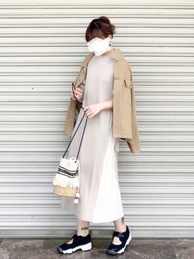 「巾着バッグ」｜「アイテム（ワンピース/ドレス）」を使った、SIZUさん（レディース・156cm）の春コーディネート