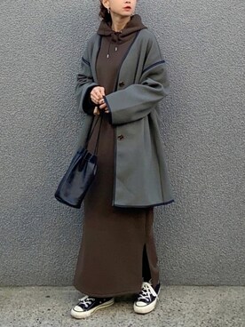 「moment+（モーメントプラス）のアイテム（ノーカラージャケット）」を使った、SIZUさん（レディース・156cm）の冬コーディネート