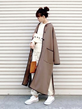 「春ニット」｜「アイテム（ノーカラーコート）」を使った、SIZUさん（レディース・156cm）の冬コーディネート