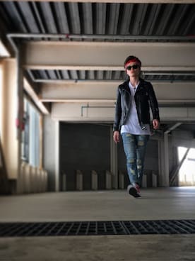 「バンダナ」｜「アイテム（ライダースジャケット）」を使った、Toshiki Yoshimuraさん（メンズ・174cm）の春コーディネート